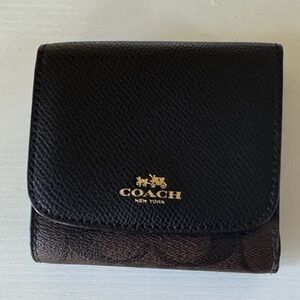 Used Coach Black and Brown Canvas Compact Wallet used